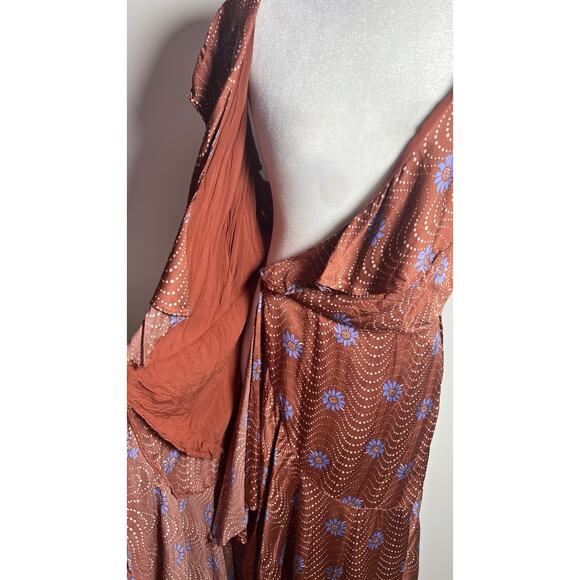 Anthropologie Ruffle Sleeve Printed Wrap Maxi Silky Dress Medium Brown Copper - Picture 9 of 13